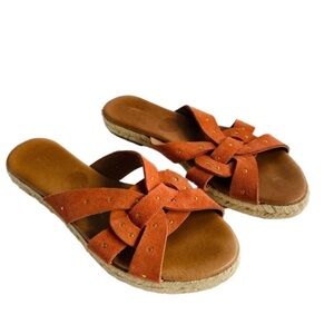 Picon Handmade Leather Slip On Espadrille Sandals Gold Accented Burnt Orange